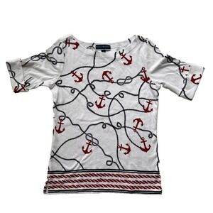 Karen Scott Nautical Anchor Print Top White Red Black Boat Neck